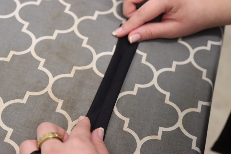 How To Fold Bias Strip - Mercerized Organic Egyptian Cotton Voile - Mood Fabrics - Coeur D'Alene Coat Free Sewing Pattern Tutorial - MDF472 - Mood Fabrics Sewciety Blog - Fold the ends of the strips longways towards the middle.