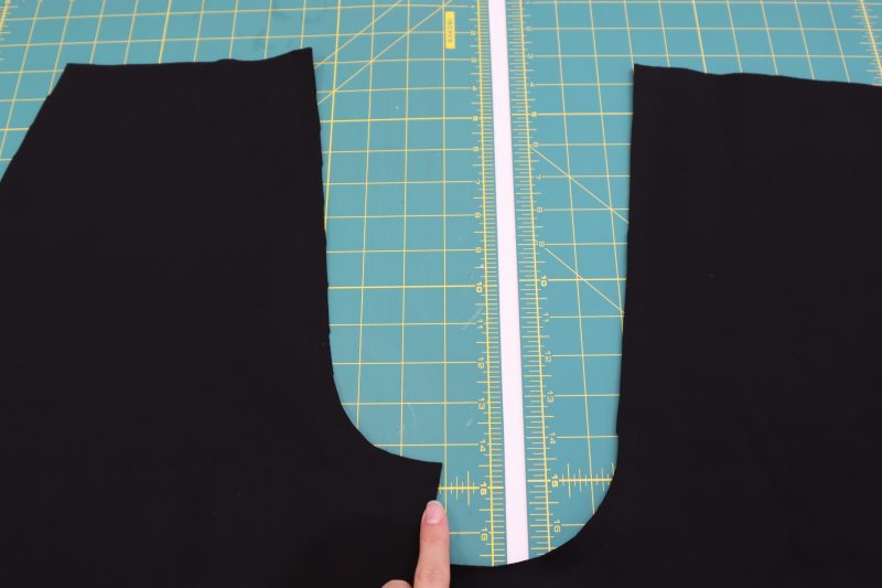 How To Sew Front Back Crotch Seams - Stretch Ponte Knit - Mood Fabrics - Ketchum Jumpsuit Free Sewing Pattern Tutorial - MDF473 - Mood Fabrics Sewciety Blog - Sew the front and back crotch seams together.