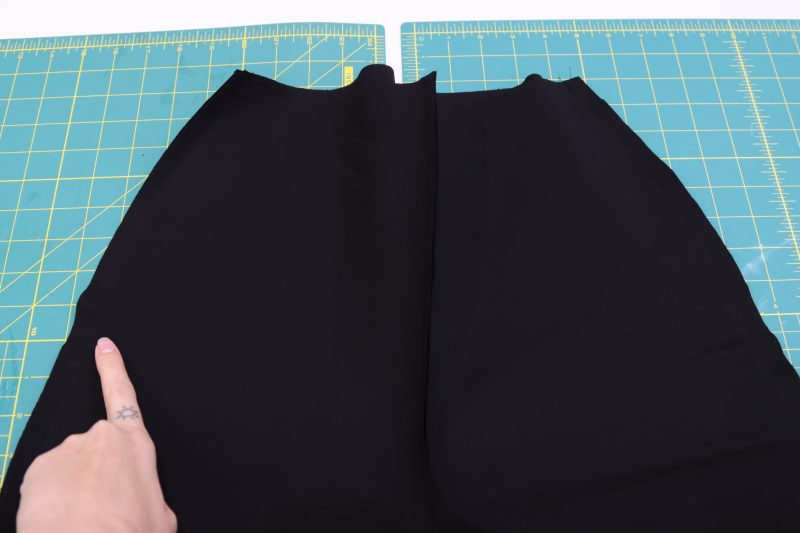 How To Pin Sew Pants Side Seams - Stretch Ponte Knit - Mood Fabrics - Ketchum Jumpsuit Free Sewing Pattern Tutorial - MDF473 - Mood Fabrics Sewciety Blog - Pin and sew the front and back side seams together.