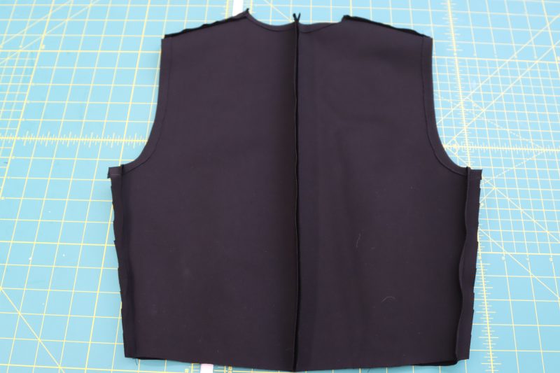 How To Sew Center Back Seam - Stretch Ponte Knit - Mood Fabrics - Ketchum Jumpsuit Free Sewing Pattern Tutorial - MDF473 - Mood Fabrics Sewciety Blog - Sew the center back seam shut.