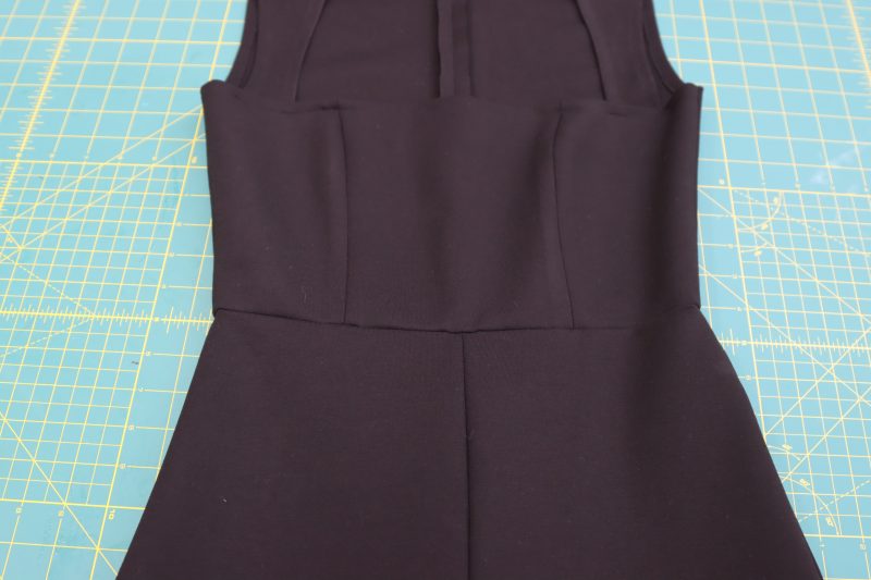 How To Flip Jumpsuit Right Sides Out - Stretch Ponte Knit - Mood Fabrics - Ketchum Jumpsuit Free Sewing Pattern Tutorial - MDF473 - Mood Fabrics Sewciety Blog - Flip the whole jumpsuit right sides out.