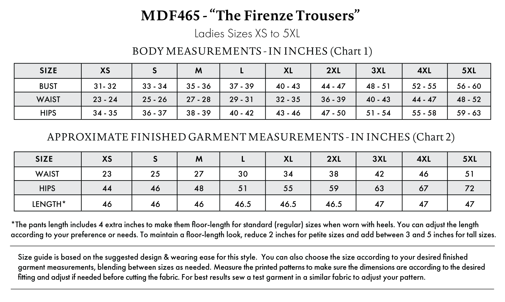 Firenze Trousers Free Sewing Pattern - Size Charts - Mood Fabrics Sewciety Blog - MDF465