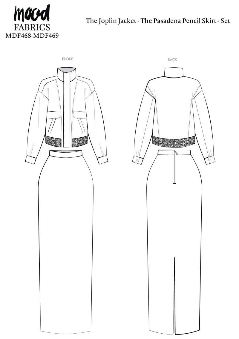 Joplin Jacket Free Sewing Pattern - Technical Drawings - MDF468 - Mood Fabrics Sewciety Blog & Pasadena Pencil Skirt Free Sewing Pattern - Technical Drawings - MDF469 - Mood Fabrics Sewciety Blog