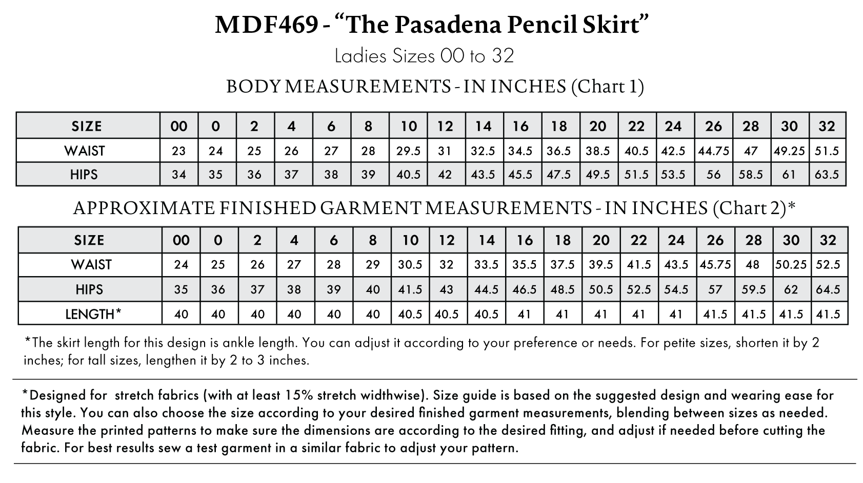 Pasadena Pencil Skirt Free Sewing Pattern - Size Charts - Mood Fabrics Sewciety Blog - Free Sewing Pattern MDF469