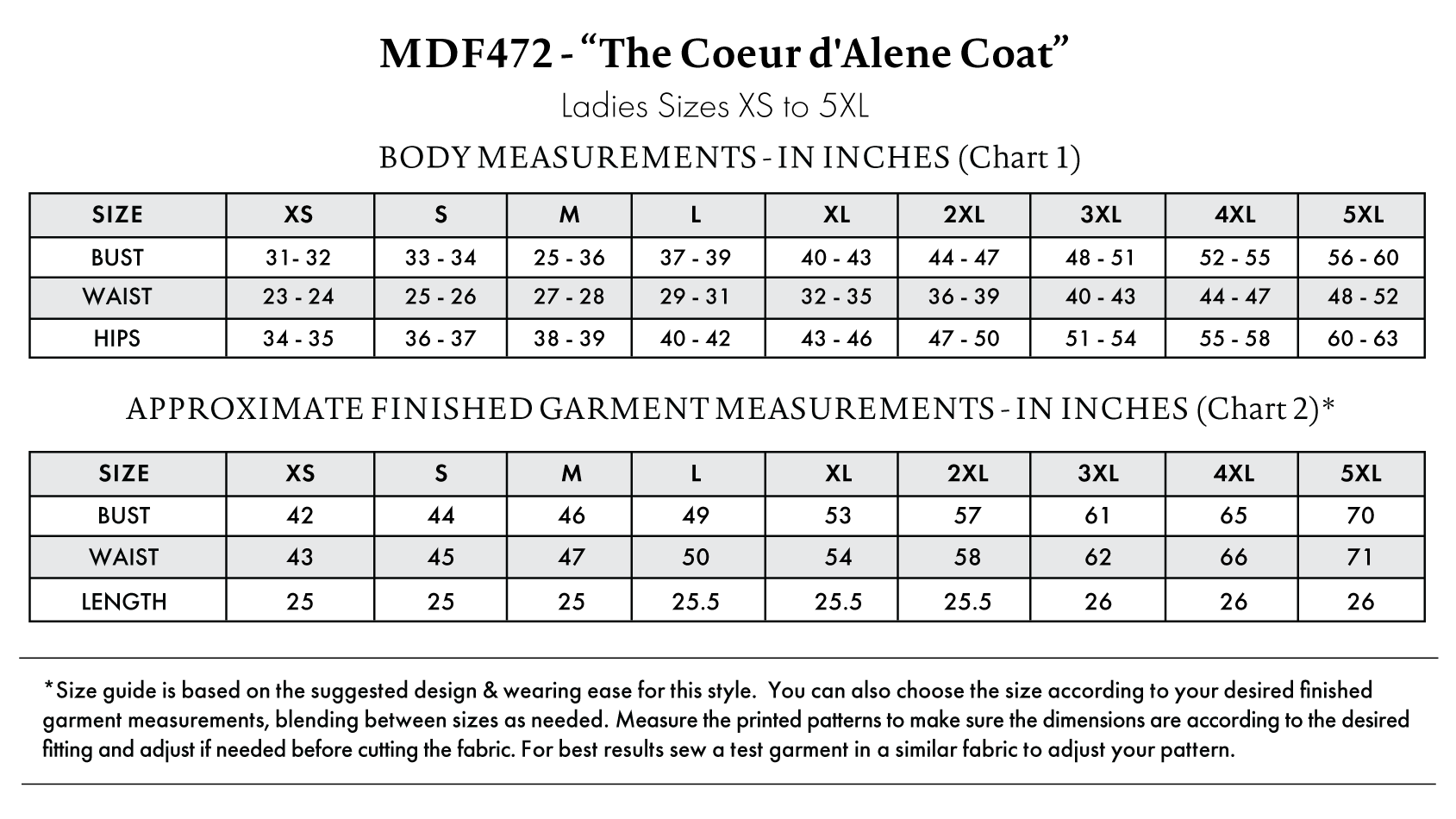 Coeur d'Alene Coat Free Sewing Pattern - Size Charts - Mood Fabrics Sewciety Blog - Free Sewing Pattern MDF472