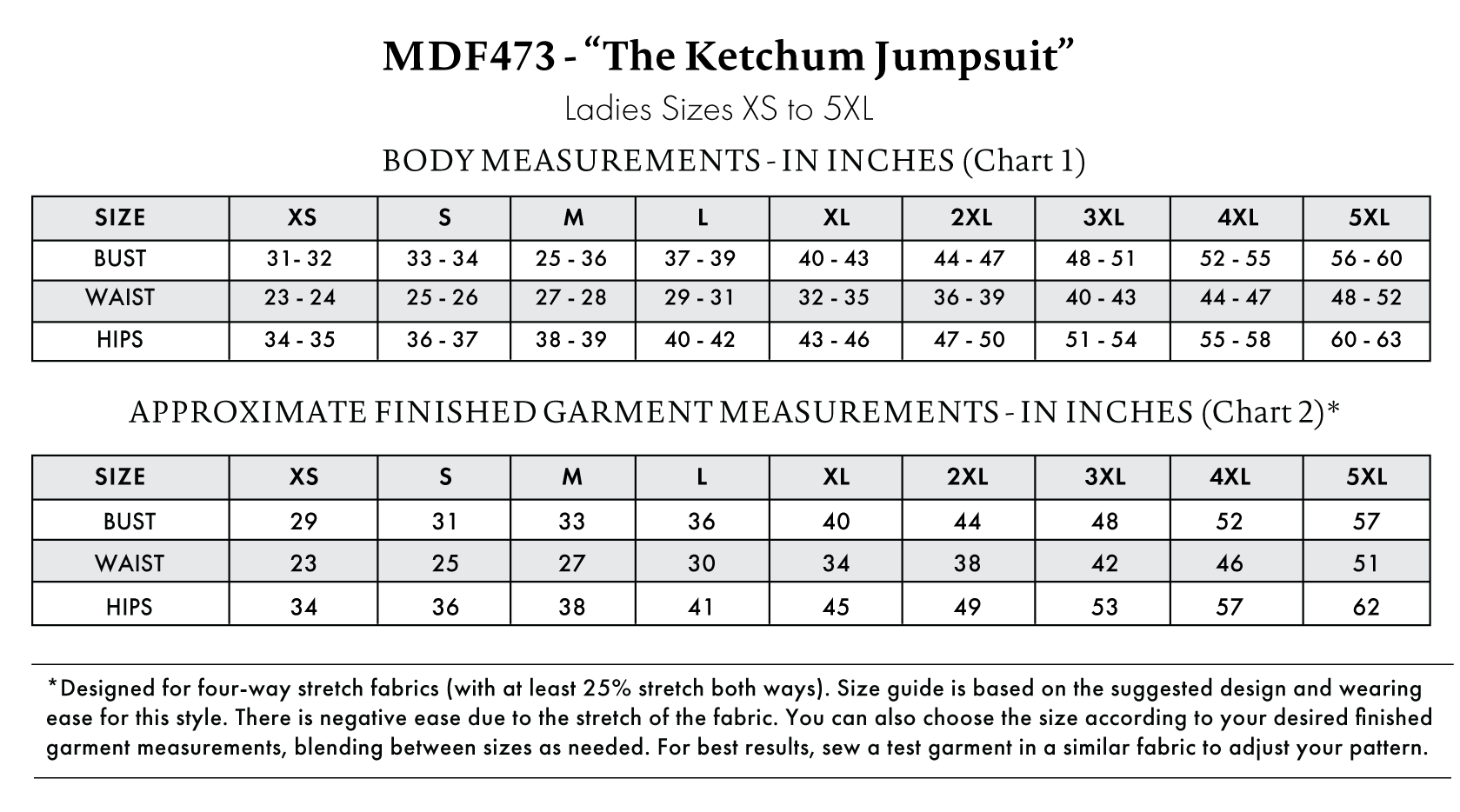 Ketchum Jumpsuit Free Sewing Pattern - Size Charts - Mood Fabrics Sewciety Blog - Free Sewing Pattern MDF473