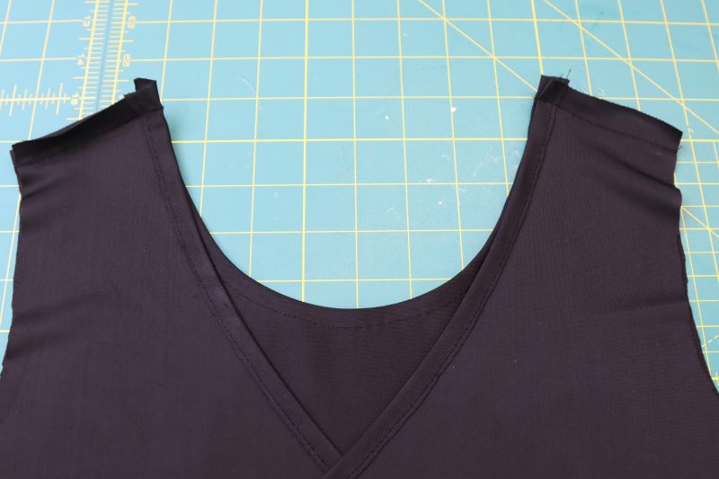 How To Sew Front Back Shoulders - Performance Spandex - Mood Fabrics - Adagio Wrap Cardigan Free Sewing Pattern Tutorial - MDF478 - Mood Fabrics Sewciety Blog - Sew the front and back pieces together at the shoulders.