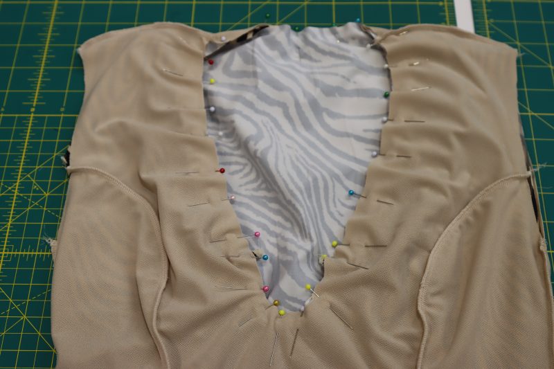 How To Pin Dress Necklines - Interlock Knit - Mood Fabrics - Soho Maxi Slip Dress Free Sewing Pattern Tutorial - MDF474 - Mood Fabrics Sewciety Blog - Pin around the neckline of the dresses.