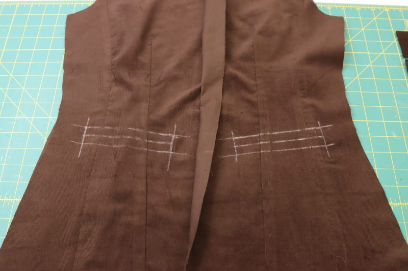 How To Mark Pocket Welt Locations - Featherwale Cotton Corduroy - Mood Fabrics - Fawn Mini Dress Free Sewing Pattern Tutorial - MDF476 - Mood Fabrics Sewciety Blog - Mark the pocket locations with tailor’s chalk.