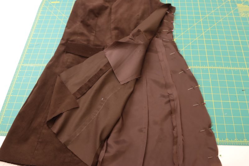 How To Pin Sew Side Seams - Bemberg Lining - Mood Fabrics - Fawn Mini Dress Free Sewing Pattern Tutorial - MDF476 - Mood Fabrics Sewciety Blog - Pin and sew the side seams right sides together.