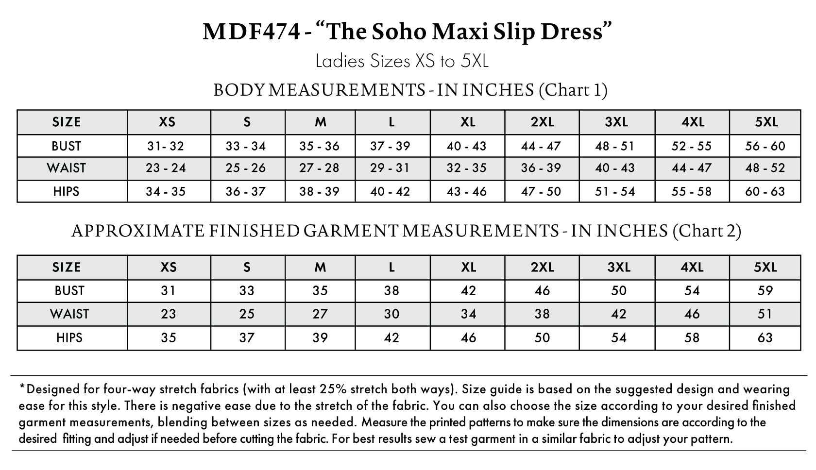 Soho Maxi Slip Dress Free Sewing Pattern - Size Charts - Mood Fabrics Sewciety Blog - Free Sewing Pattern MDF474