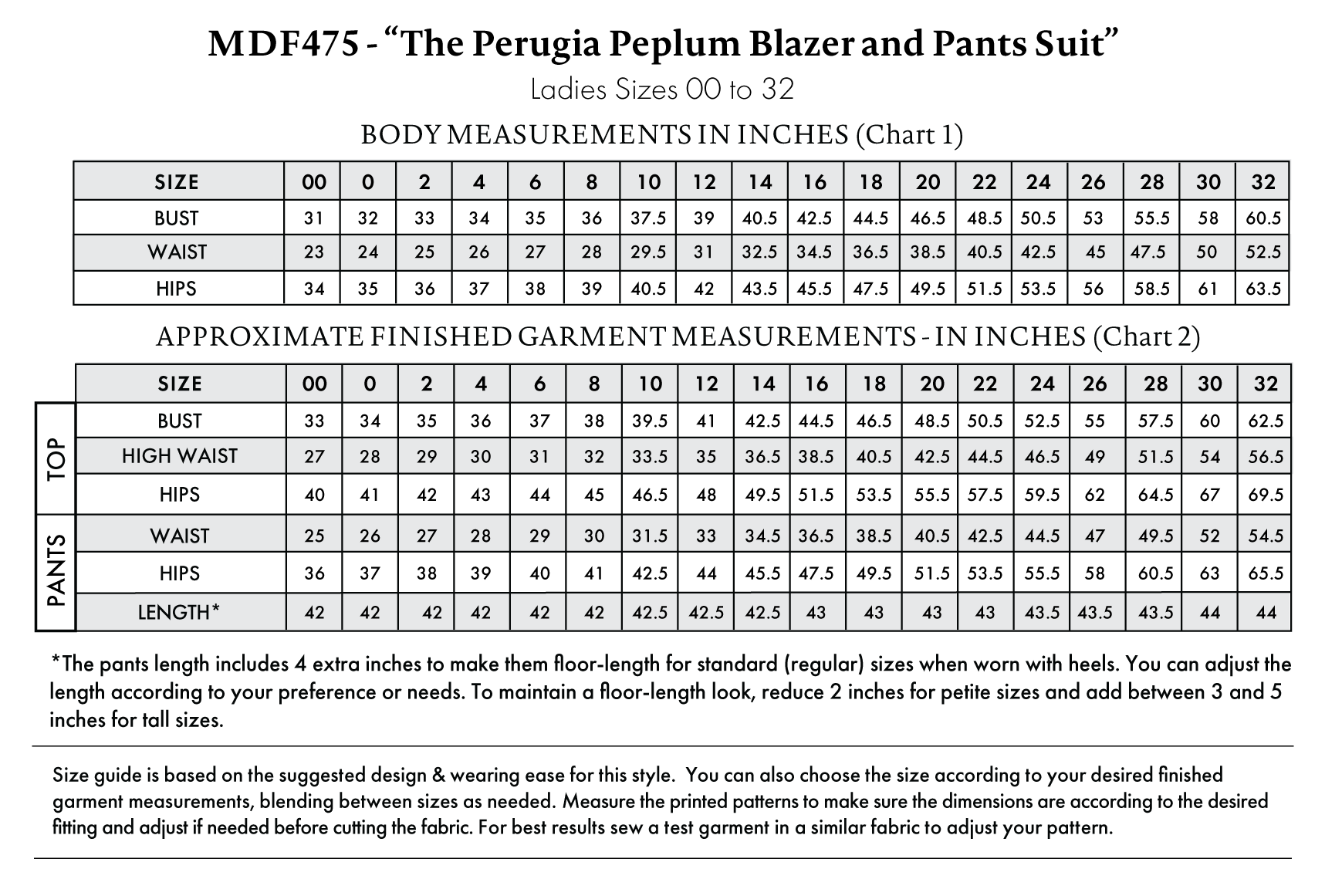 Perugia Peplum Blazer and Pants Suit Free Sewing Pattern - Size Charts - Mood Fabrics Sewciety Blog - Free Sewing Pattern MDF475