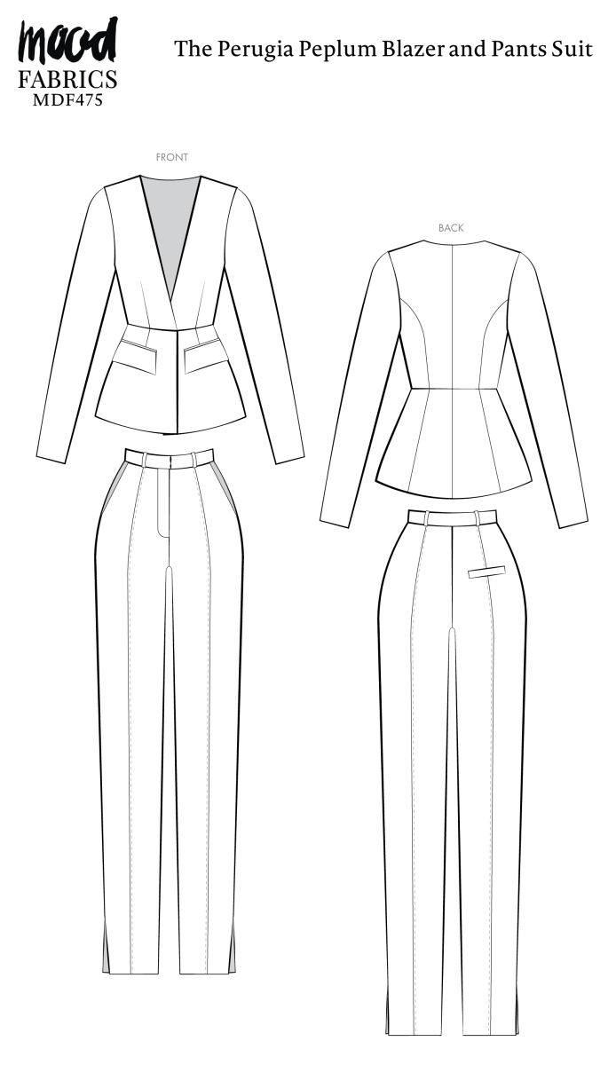 Perugia Peplum Blazer and Pants Suit Free Sewing Pattern - Technical Drawings - Mood Fabrics Sewciety Blog - Free Sewing Pattern MDF475
