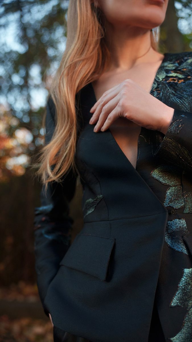 Perugia Peplum Blazer and Pants Suit Free Sewing Pattern - Model Photos - Mood Fabrics Sewciety Blog - Free Sewing Pattern MDF475