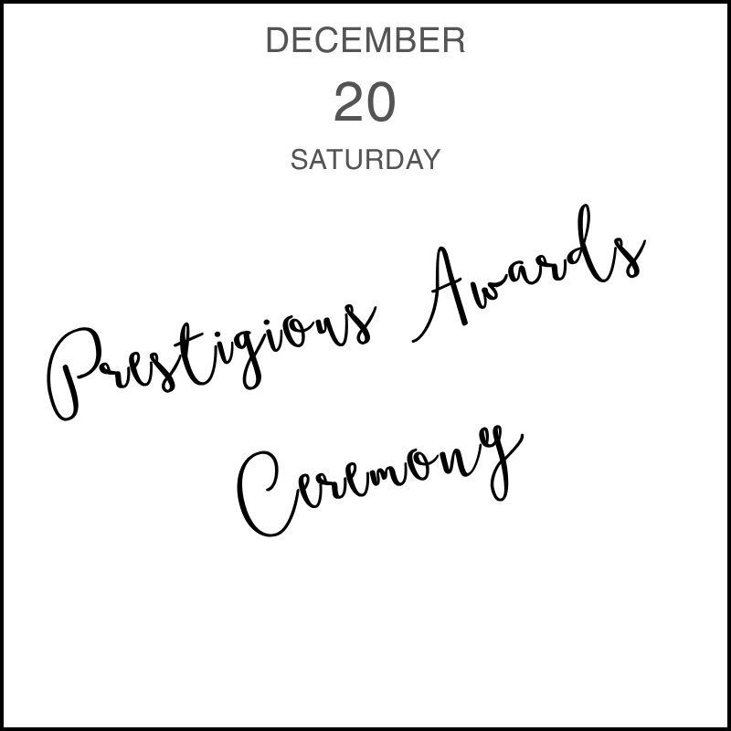 a calendar entry with the handwritten event title "Prestigious Awards Ceremony."