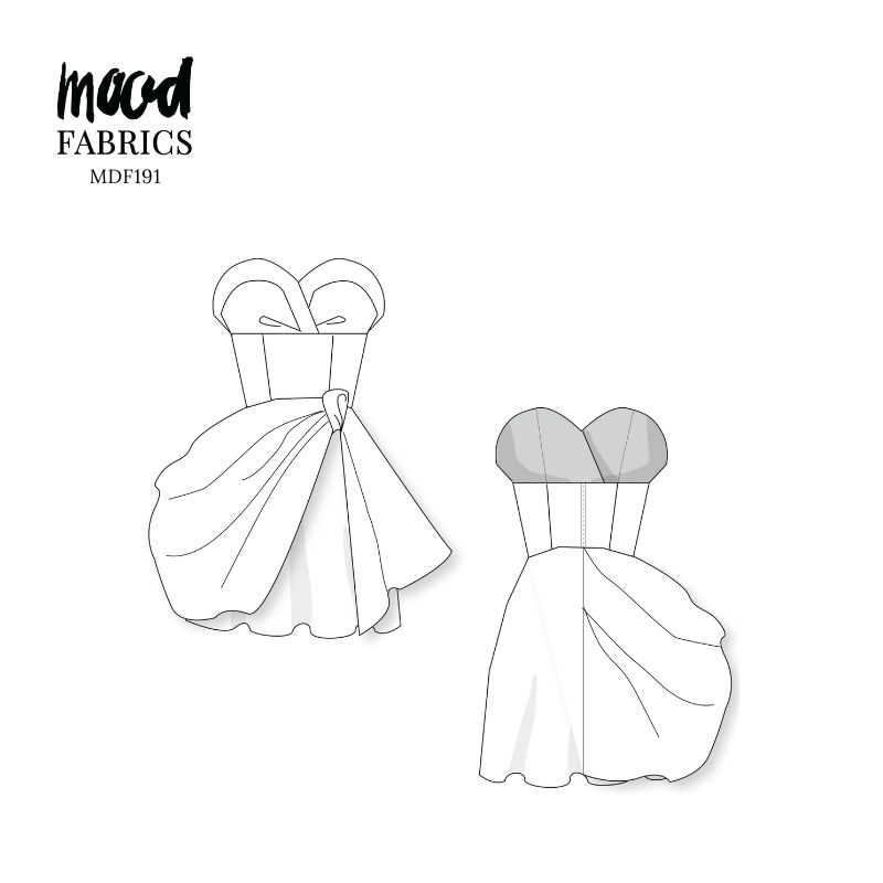 Technical Drawing of Ainsley Dress sewing pattern featuring a detailed sketch of the garment with a sweetheart neckline, puff sleeves, and voluminous gathered skirt.