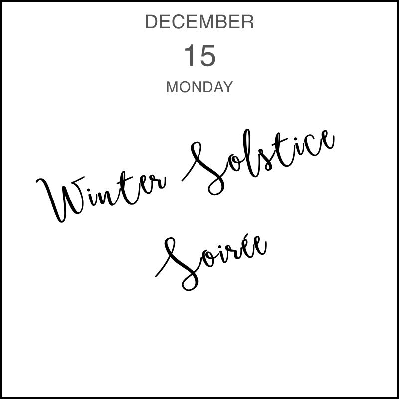 a calendar entry showing the handwritten event title "Winter Solstice Soiree."