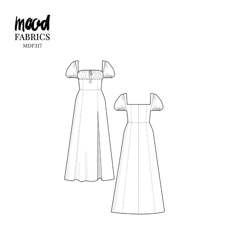 Technical Drawing of Anthea Milkmaid Dress sewing pattern featuring a detailed sketch of the garment with gathered bust seams, puff sleeves, and flowing midi-length skirt.