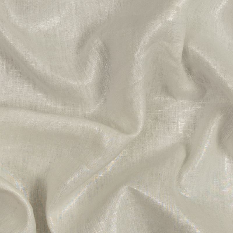Close-up texture of Medium Weight Linen Woven with Metallic Foiling in Ivory and Silver from the Bianca Collection, used for the Anthea Milkmaid Dress sewing pattern.