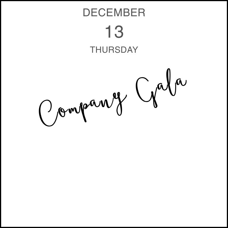 a calendar entry showing the date with the handwritten event title "Company Gala."