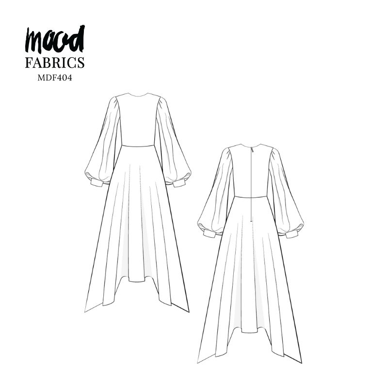 Technical Drawing of Harper Plisse Dress sewing pattern featuring a detailed sketch of the garment with puff sleeves, pleated skirt panels, and an open square neckline.