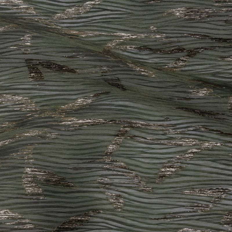 Detailed texture of Metallic Gold and Satin Moss Leafy Stems Luxury Plisse Brocade with Scalloped Edges fabric, used for the Harper Plisse Dress sewing pattern.
