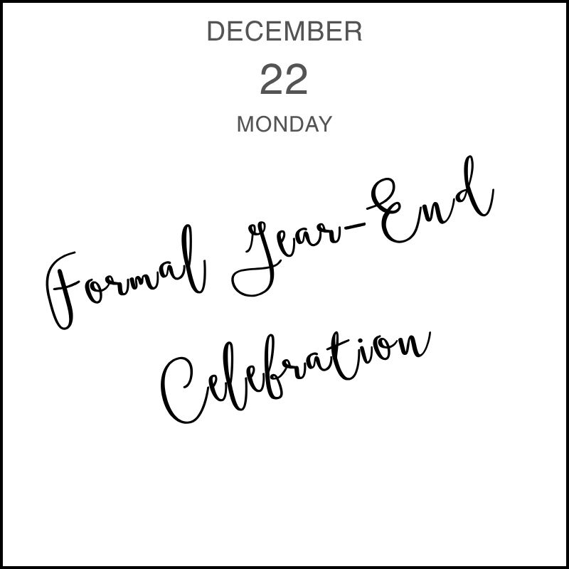 a calendar entry showing the handwritten event title "Formal Year-End Celebration."