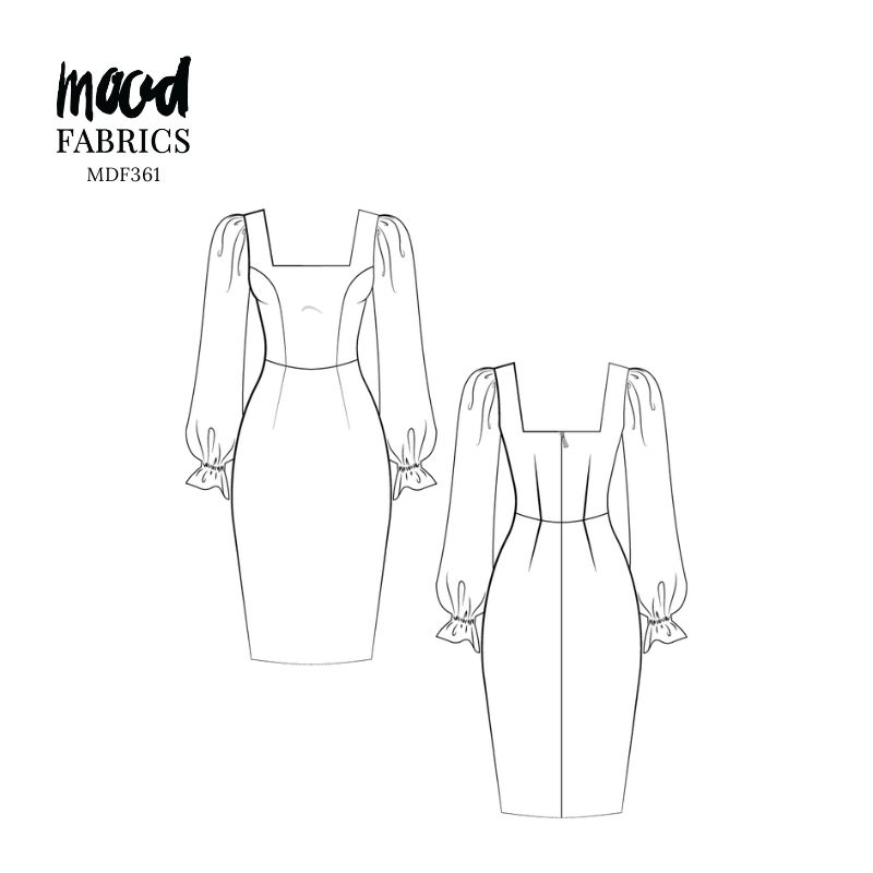 Technical Drawing of Jugflower Pencil Dress sewing pattern featuring a detailed sketch of the garment with long puff sleeves, square neckline, and fitted pencil skirt.