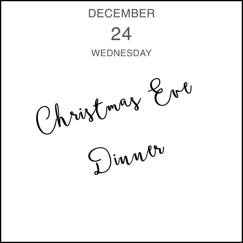 a calendar entry showing the handwritten event title "Christmas Eve Dinner."