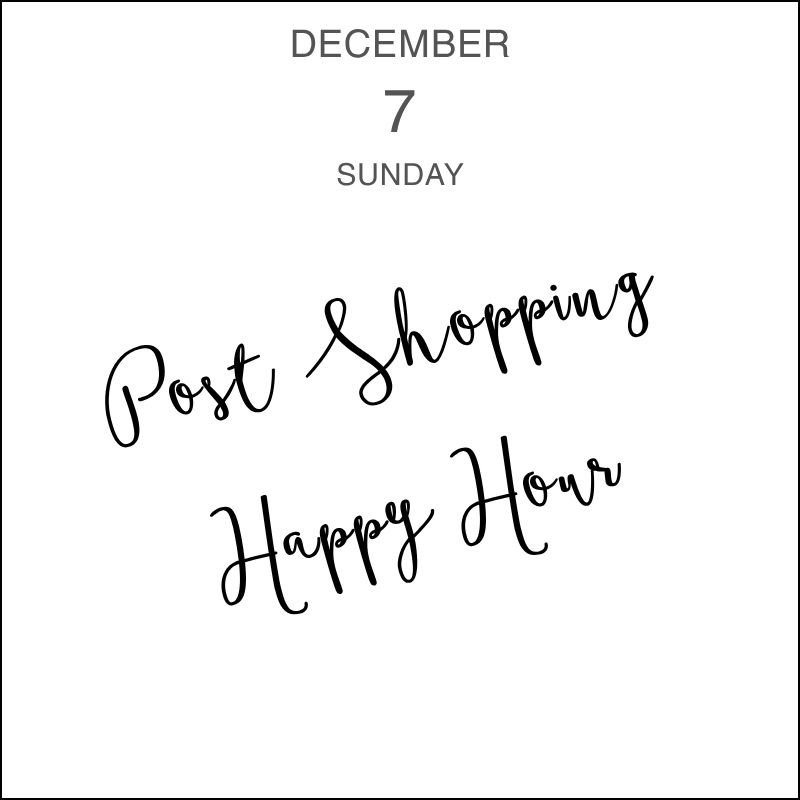 a calendar entry showing the handwritten event title "Post Shopping Happy Hour."