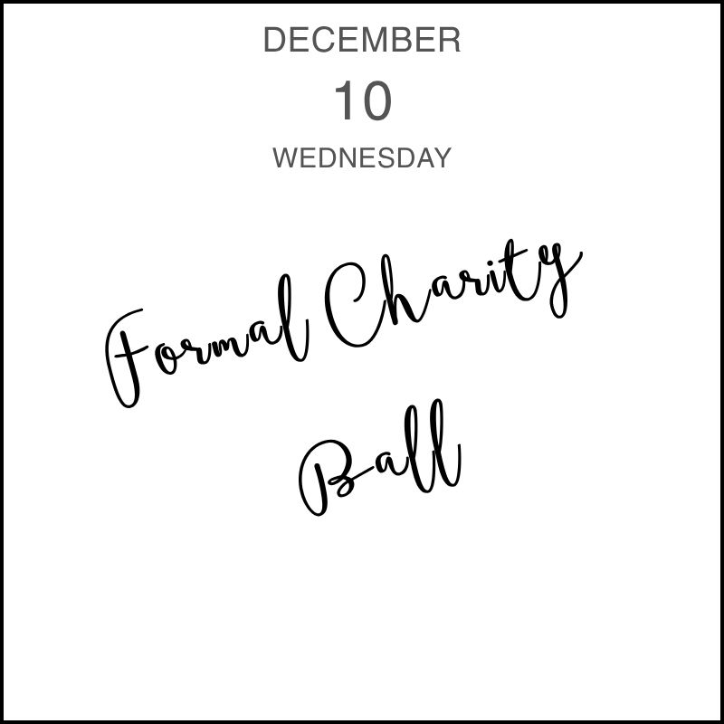 a calendar entry showing the handwritten event title "Formal Charity Ball."