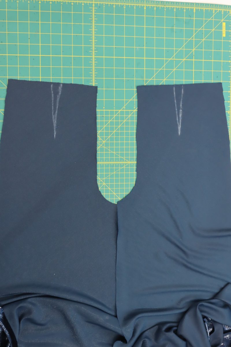 How To Mark Front Darts - Metallic Velvet - Mood Fabrics - Jasper Jumpsuit Free Sewing Pattern Tutorial - MDF486 - Mood Fabrics Sewciety Blog - Mark the front darts with tailor’s chalk on the wrong side of the fabric.