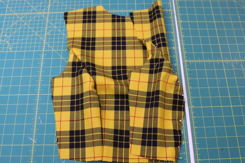 How To Pin Sew Top Front Pieces - Virgin Wool Twill - Mood Fabrics - Silverstone Mini Dress Free Sewing Pattern Tutorial - MDF489 - Mood Fabrics Sewciety Blog - Pin and sew top front side pieces to top front center piece.