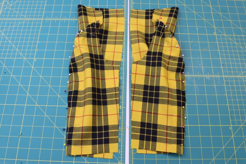 How To Pin Sew Top Back Pieces - Virgin Wool Twill - Mood Fabrics - Silverstone Mini Dress Free Sewing Pattern Tutorial - MDF489 - Mood Fabrics Sewciety Blog - Pin and sew the top back side pieces to the top back center pieces.