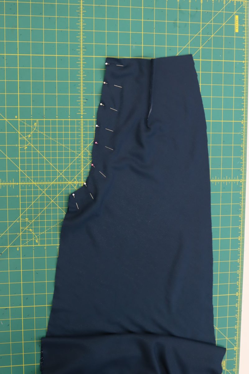 How To Pin Sew Front Crotch Seam - Metallic Velvet - Mood Fabrics - Jasper Jumpsuit Free Sewing Pattern Tutorial - MDF486 - Mood Fabrics Sewciety Blog - Pin and sew the front crotch seam.