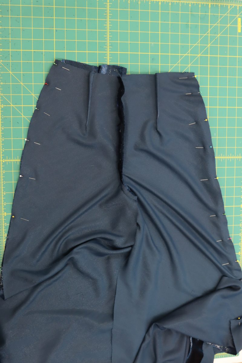 How To Pin Sew Pants Side Seams - Metallic Velvet - Mood Fabrics - Jasper Jumpsuit Free Sewing Pattern Tutorial - MDF486 - Mood Fabrics Sewciety Blog - Pin and sew the pants side seams.
