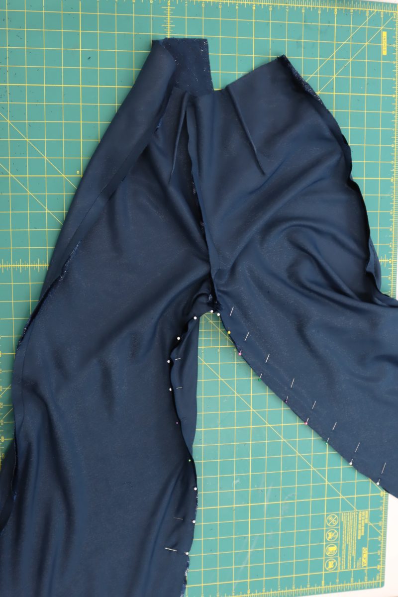 How To Pin Sew Inseam - Metallic Velvet - Mood Fabrics - Jasper Jumpsuit Free Sewing Pattern Tutorial - MDF486 - Mood Fabrics Sewciety Blog - Pin and sew the inseam.