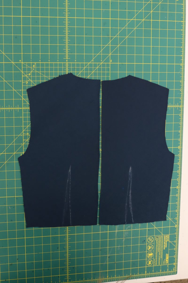 How To Mark Top Back Darts - Metallic Velvet - Mood Fabrics - Jasper Jumpsuit Free Sewing Pattern Tutorial - MDF486 - Mood Fabrics Sewciety Blog - Mark the top back darts with tailor’s chalk.