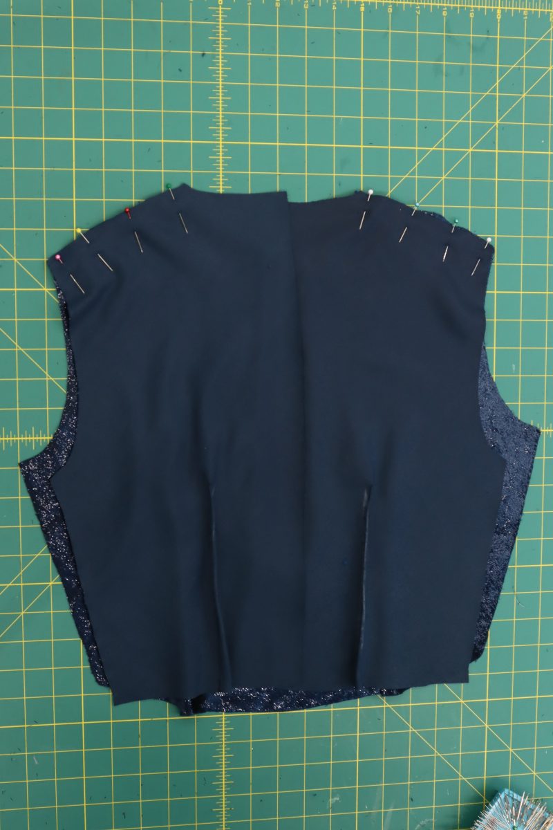 How To Pin Sew Shoulders - Metallic Velvet - Mood Fabrics - Jasper Jumpsuit Free Sewing Pattern Tutorial - MDF486 - Mood Fabrics Sewciety Blog - Pin and sew the shoulder seams.