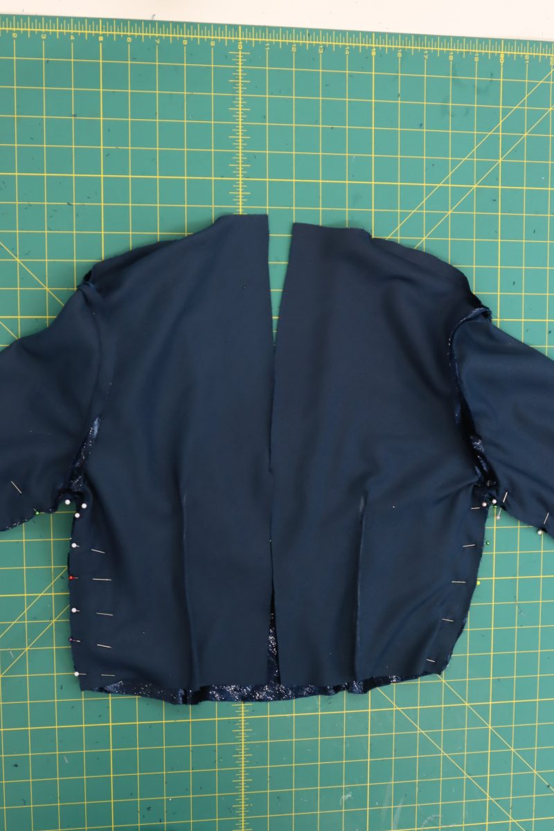 How To Pin Sew Sleeves Side Seams - Metallic Velvet - Mood Fabrics - Jasper Jumpsuit Free Sewing Pattern Tutorial - MDF486 - Mood Fabrics Sewciety Blog - Pin and sew the sleeves and side seams.