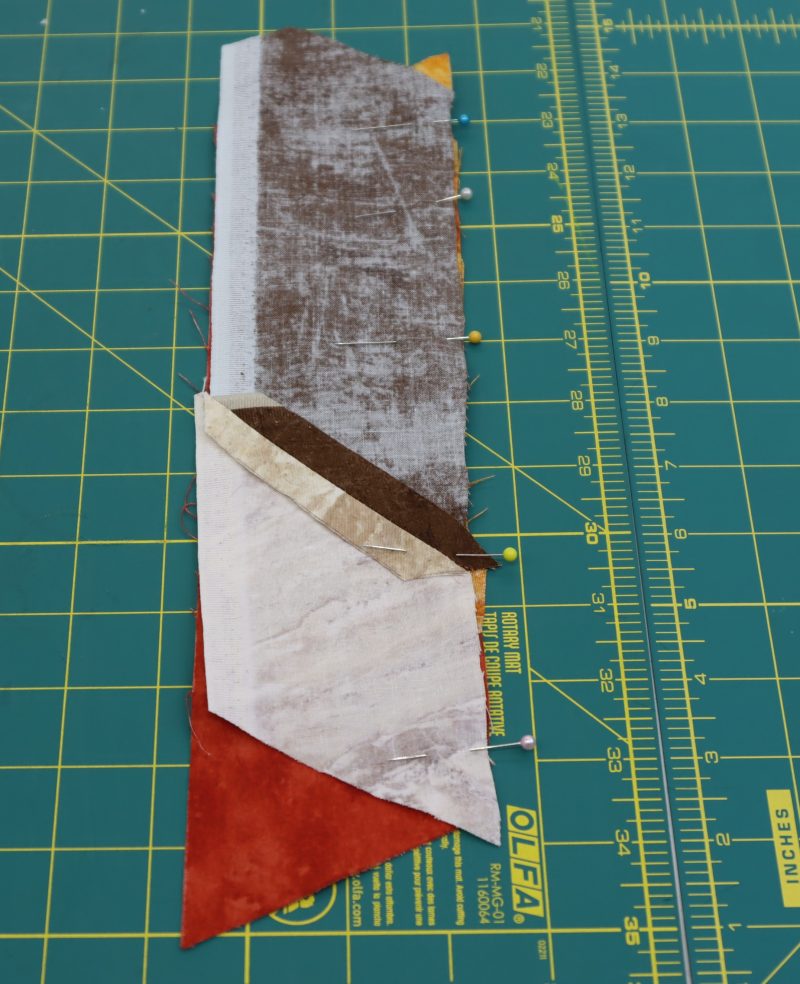 How To Sew Strap Fabric to Lining - Acetate Twill Lining - Mood Fabrics - Pecan Patchwork Bag Free Sewing Pattern Tutorial - MDF482 - Mood Fabrics Sewciety Blog - Sew pieces 14 + 16 to 15 + 17.