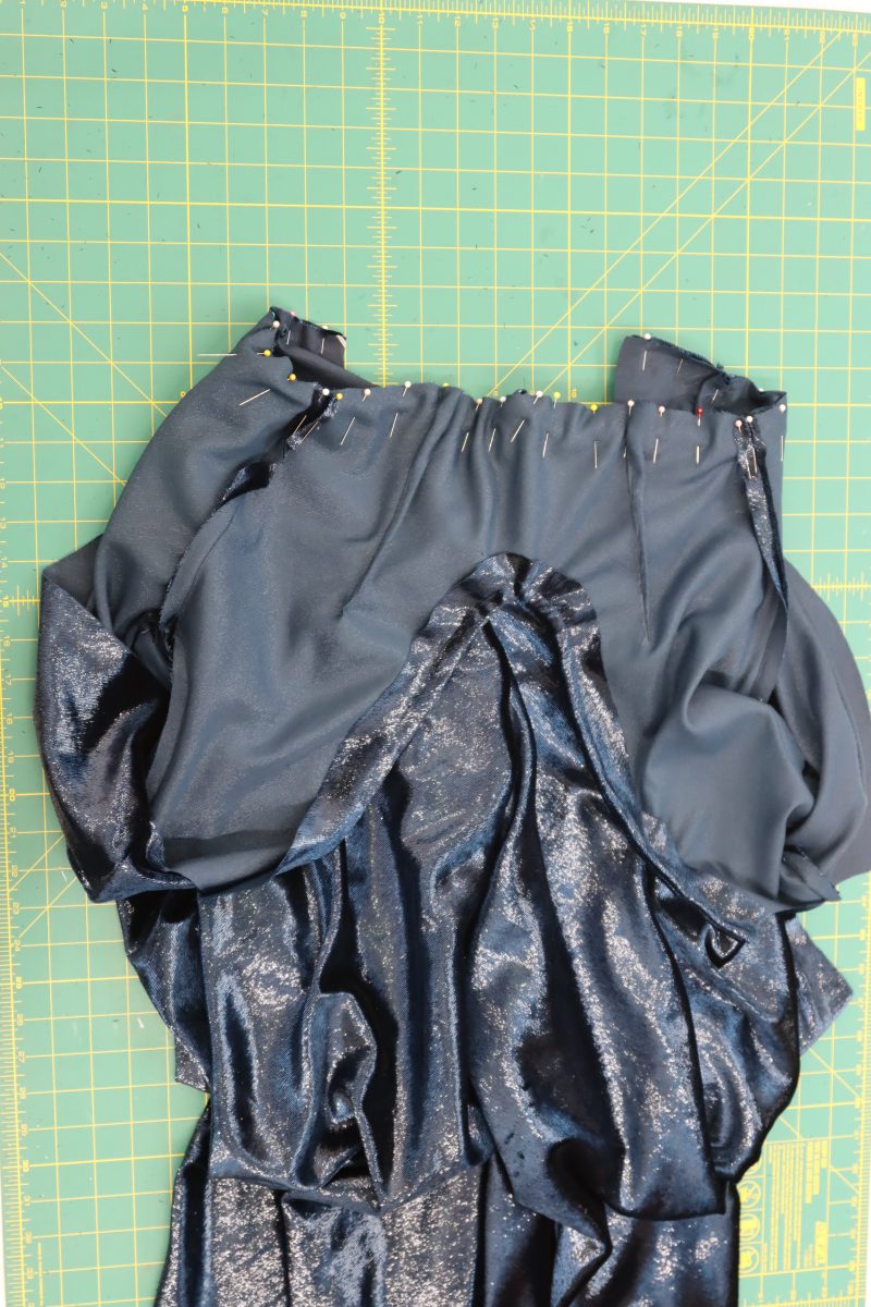 How To Pin Sew Top Pants Wasitlines - Metallic Velvet - Mood Fabrics - Jasper Jumpsuit Free Sewing Pattern Tutorial - MDF486 - Mood Fabrics Sewciety Blog - Pin and sew the waistline of the top to the waistline of the pants.