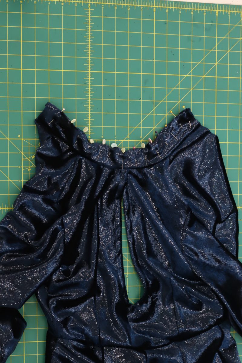 How To Fold Top Stitch Collar Raw Edges - Metallic Velvet - Mood Fabrics - Jasper Jumpsuit Free Sewing Pattern Tutorial - MDF486 - Mood Fabrics Sewciety Blog - Fold the collar pieces in towards each other, pin, and sew.