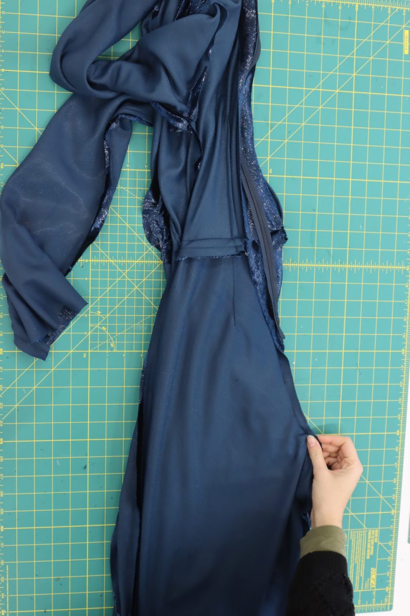 How To Sew Back Crotch Closed - Metallic Velvet - Mood Fabrics - Jasper Jumpsuit Free Sewing Pattern Tutorial - MDF486 - Mood Fabrics Sewciety Blog - Sew the rest of the back crotch seam closed where it was left open for the zipper.