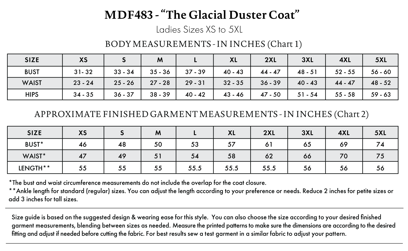 Glacial Duster Coat Free Sewing Pattern - Size Charts - Mood Fabrics Sewciety Blog - Free Sewing Pattern MDF483