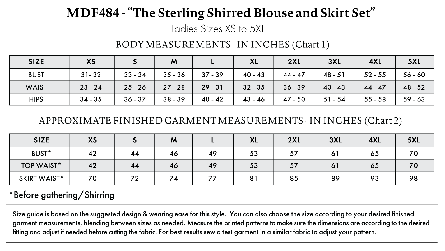 Sterling Shirred Blouse and Skirt Set Free Sewing Pattern - Size Charts - Mood Fabrics Sewciety Blog - Free Sewing Pattern MDF484