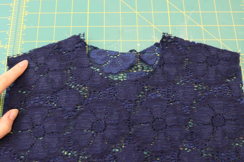 How To Sew Shoulders - Stretch Crochet Lace - Mood Fabrics - Altena Blouse Free Sewing Pattern Tutorial - MDF491 - Mood Fabrics Sewciety Blog - Sew the shoulders together for the lace layer.