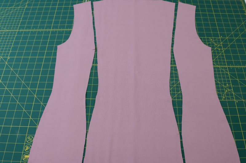 How To Layout Back Cardigan Pieces - Stretch Ponte Knit - Mood Fabrics - Camarillo Cardigan and Magdalene Midi Skirt Free Sewing Pattern Tutorial - MDF490 - Mood Fabrics Sewciety Blog - Lay out the back pieces with the back center and back side notches lined up.