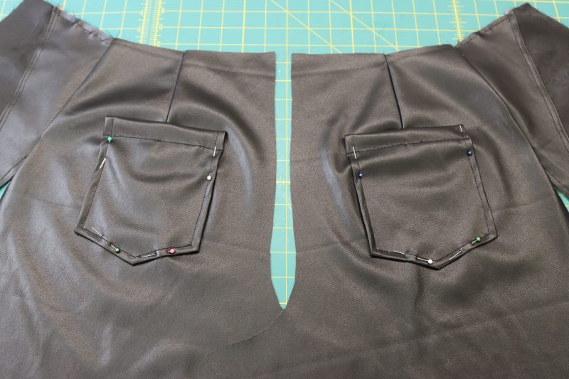 How To Pin Back Pockets - Buttery Faux Leather - Mood Fabrics - Dresden Shorts Free Sewing Pattern Tutorial - MDF493 - Mood Fabrics Sewciety Blog - Pin back pockets to backs of shorts.