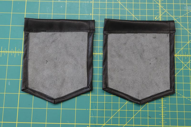 How To Pin Sew Back Pocket Raw Edges - Buttery Faux Leather - Mood Fabrics - Dresden Shorts Free Sewing Pattern Tutorial - MDF493 - Mood Fabrics Sewciety Blog - Pin and sew back pocket raw edges.